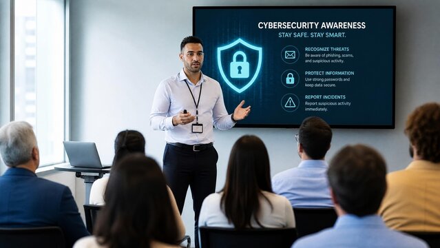 Cybersecurity Awareness Training Presentation in Professional Office Setting