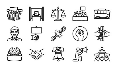 Fototapeta premium Civic Engagement Icons: Protest, Voting, Justice, Freedom, Speech, Unity, 15 Vector Elements