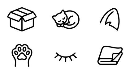 Cute Cat Icons Set, Vector Graphics: Sleeping Feline, Paw Print, Box, Ears, Eyelashes, Book © Ripa