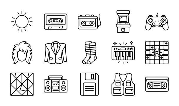 Retro 80s Icons Set: Cassette, Arcade, Boombox, VHS, Floppy Disk, Fashion