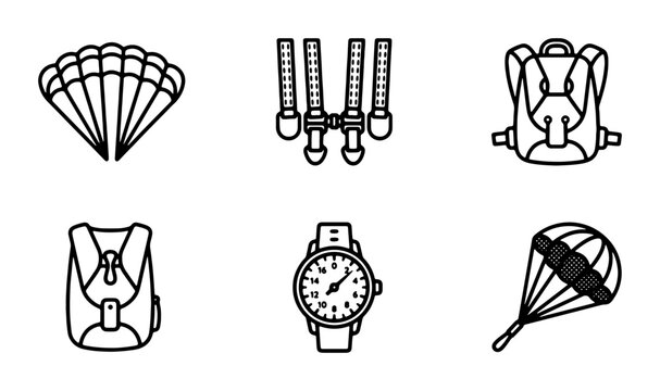 Skydiving Gear Icons: Parachute, Harness, Backpack, Watch Set, Vector Graphics