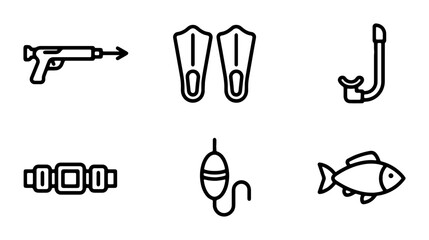 Spearfishing Gear Icons: Harpoon, Fins, Snorkel, Weight Belt, Bobber, Fish Vector Set © Ibrahim