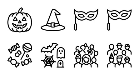 Fototapeta premium Halloween Icons Set: Pumpkin, Witch Hat, Masquerade Masks, Candy, Bat, Ghost, Party People