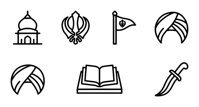 Sikhism Icons Set: Khanda, Turban, Gurdwara, Kirpan, Flag, Guru Granth Sahib, Religious Symbols
