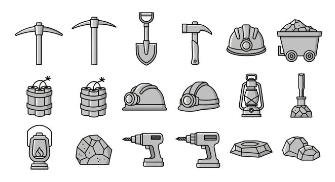 Mining tools and equipment icons.