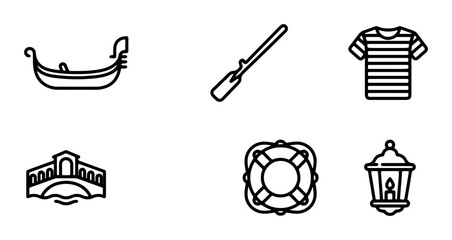 Venice Icons Set: Gondola, Bridge, Sailor Shirt, Oar, Lifebuoy, Lantern Vector Graphics © Sajib