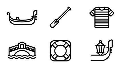 Venice Icons Set: Gondola, Bridge, Oar, Lifebuoy, Shirt, Lantern Vector Graphics © Sajib