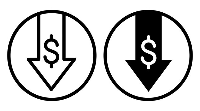 Two circular icons with a dollar sign and a downward arrow, symbolizing price reduction or financial loss.
