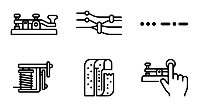 Morse Code Telegraph Icons, Communication Technology, Vintage Signal Devices, Retro Transmission Set