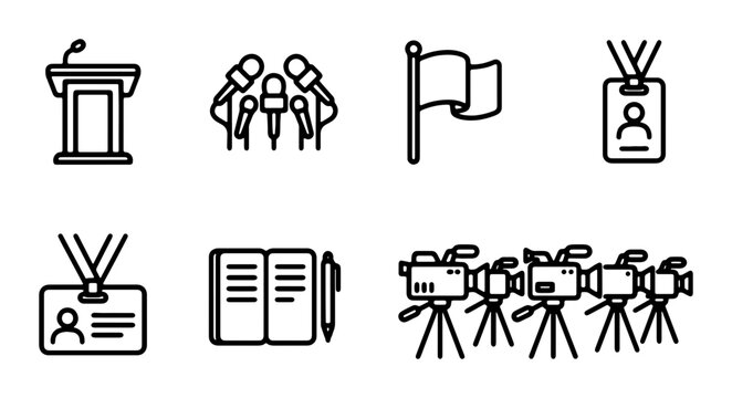 Press Conference Icons: Podium, Microphones, Flag, ID Badges, Notebook, Cameras