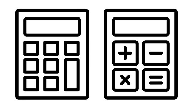Two simple black line icons of calculators, one showing a number pad and the other with basic arithmetic symbols.