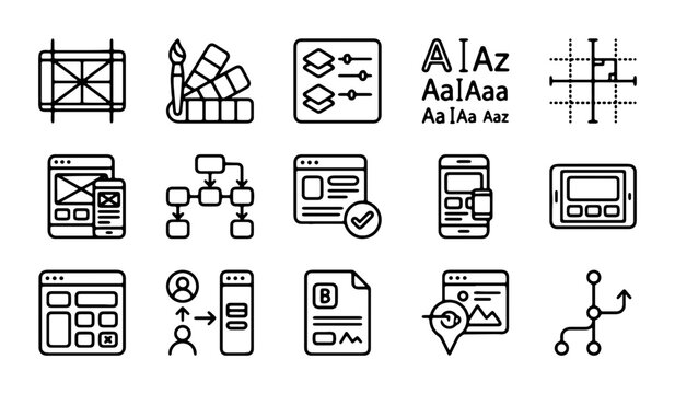 Web Design Icons Set, UI UX Elements, Wireframing, Prototyping, Responsive Layouts, Vector Graphics