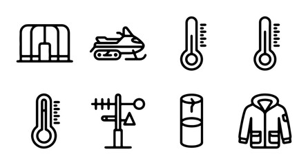 Winter Weather Icons: Snowmobile, Thermometer, Parka, Shelter, Anemometer, Weather Station, Cold Climate Icons © Rafi