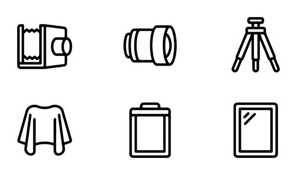 Photography Icons Set: Vintage Camera, Lens, Tripod, Fabric, Light Meter, Mirror