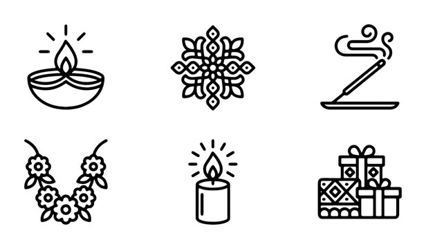Diwali Icons Set: diya, incense, candle, gifts, rangoli, garland, festive symbols