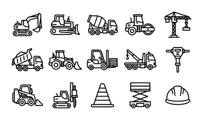 Construction Equipment Icons Set, Heavy Machinery Vector Graphics, Building Industry Symbols © Robiul