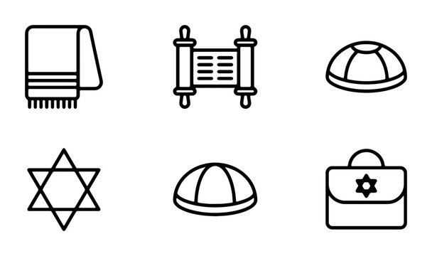 Jewish Symbols Icons Set, Torah Scroll, Star of David, Kippah, Tallit, Bag, Religious Culture Vector