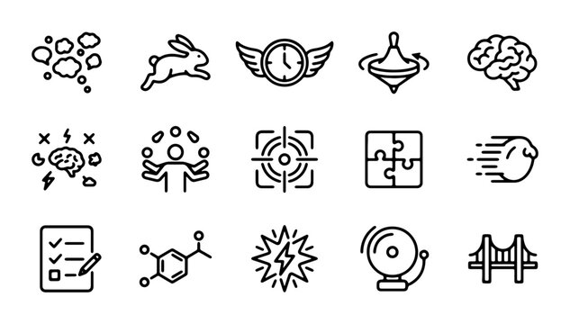 Abstract Concepts Icons, Brainstorming, Focus, Speed, and Ideas Vector Set