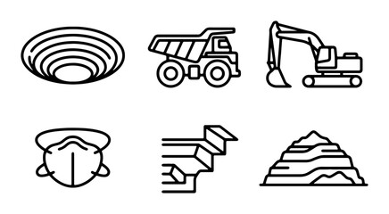 Mining Icons: Excavator, Dump Truck, Quarry, Dust Mask, Ore Pile, Vector Set © Rafi