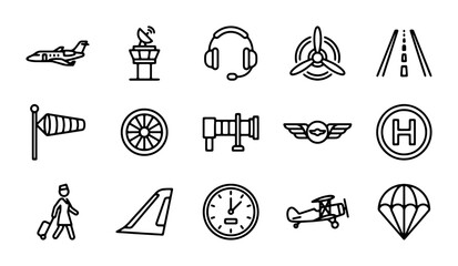 Aviation Icons Set: Aircraft, Control Tower, Pilot Gear, Airport Elements, 15 Vector Graphics © Moniya