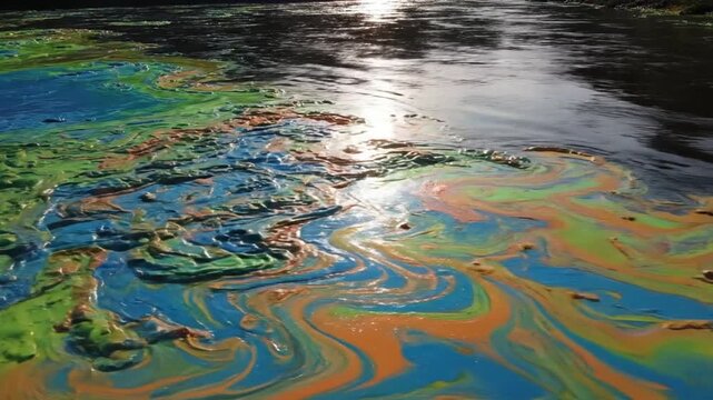 Colorful chemical waste pollutant floating on dark river water surface
