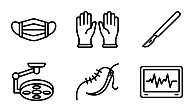 Medical Surgery Icons: Mask, Gloves, Scalpel, Lamp, Suture, Monitor, Healthcare Vector Set