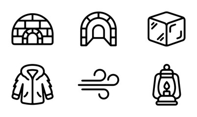 Winter Icons Set: Igloo, Parka, Ice Cube, Lantern, Wind, Arctic Dwelling, Cold Weather Gear © Moniya