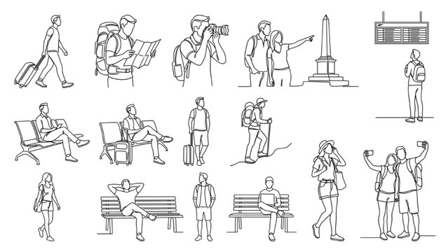 A collection of line art illustrations depicting various travel scenarios, including people with luggage, cameras, maps, and enjoying tourist attractions. CAD Blocks Icon Sheet Vector