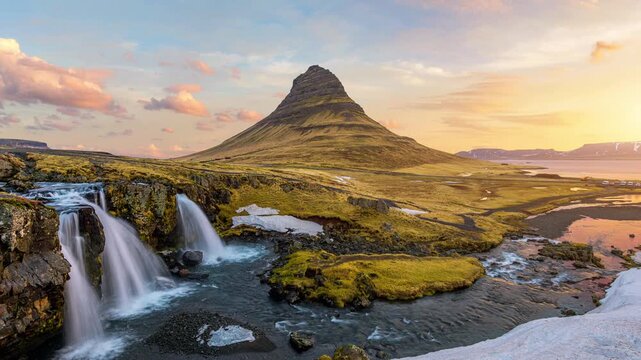 Time lapse of Kirkjufell mountains and kirkjufellsfoss at sunrise in Iceland.