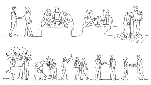 A collection of hand-drawn line art illustrations depicts various scenes of human interaction, collaboration, and celebration. CAD Blocks Icon Sheet Vector