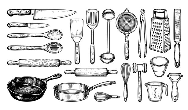 Hand Drawn Kitchen Utensil Sketch Collection Vector for Restaurant Menu Design