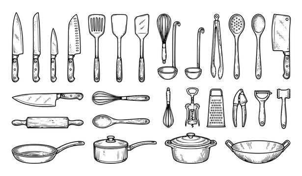 Vintage Cooking Utensils Vector Pack with Kitchen Tool Line Art Illustrations