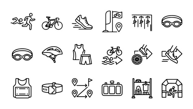 Triathlon Icons Set: Running, Cycling, Swimming Gear & Race Elements, Vector Graphics