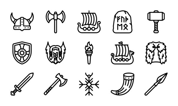 Viking Icons Set: Warrior Helmet, Axe, Ship, Rune Stone, Hammer, Shield, Torch, Horn, Spear