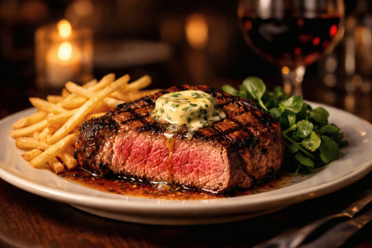 Realistic food photography of a grilled ribeye beef steak with herb butter and french fries. This high resolution digital image is perfect for steakhouse menus and food blogs.