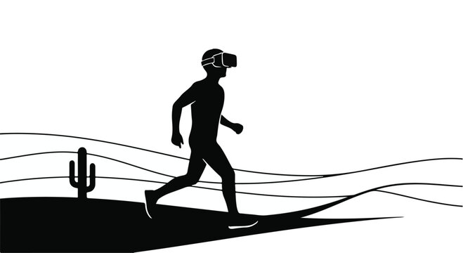 Silhouette of a person in VR headset running through a surreal desert landscape