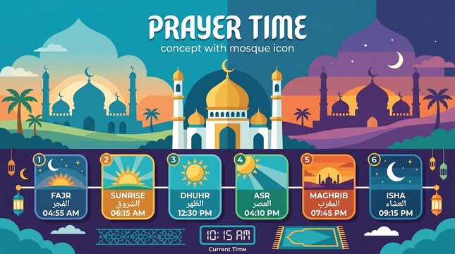 Islamic prayer time schedule infographic featuring mosque and daily worship times for fajr, sunrise, dhuhr, asr, maghrib, and isha in a colorful flat style