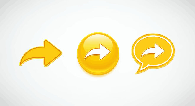 Set of three yellow circular forward and share icons with arrows for UI design.