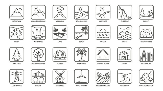 Set of linear nature and landscape icons featuring mountains forests volcanoes hills beaches trees buildings and various geographical landmarks drawn with thin black lines in a minimal style on white 