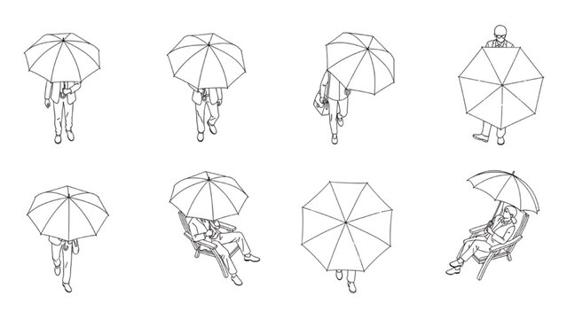 A collection of outline drawings featuring people holding umbrellas in various poses, some standing and some sitting. The umbrellas are open and depicted from a top-down perspective