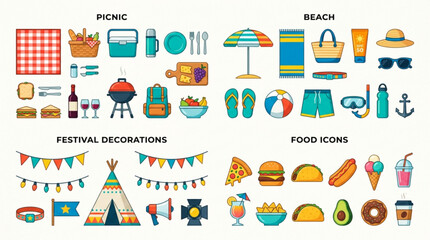 Colorful summer icons for picnic beach festival decorations and food © Rehan