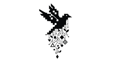 Fototapeta premium Abstract digital bird silhouette with geometric shapes and circuits on white background