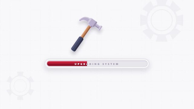3D cartoon hammer tapping on a progress bar with upgrading system text showing software installation or maintenance concept