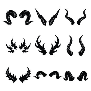 Fantasy Demon Horns Silhouette Set Vector Clipart- Devil Horn Shapes Collection for Tattoo, Logo, Gaming and Coloring Design