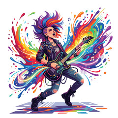 Obraz premium A vibrant punk rocker with a colorful mohawk energetically plays an electric guitar, surrounded by abstract rainbow splashes and musical notes against a white background