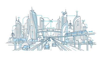Fototapeta premium Futuristic Smart City Panorama Connected Infrastructure Illustration