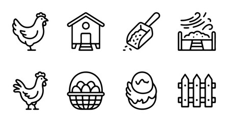 Chicken Coop Icons, Farm Animals, Egg Basket, Hatching Chick, Rural Fencing, Agriculture Icons © Nilufa