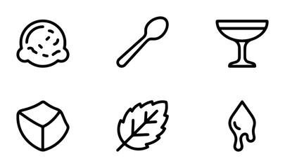 Dessert Icons: Ice Cream Scoop, Spoon, Glass, Cube, Mint Leaf, Drip Vector Set © Nilufa