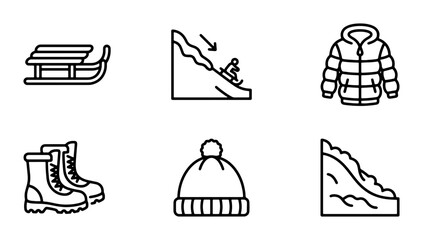 Winter Sports Icons Set: Sled, Skiing, Puffer Jacket, Boots, Beanie, Snow Slide Vector Graphics © Sourov