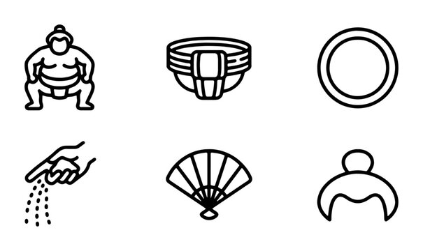 Sumo Wrestler Icons, Japanese Sport Symbols, Traditional Culture Elements, Vector Graphics Set